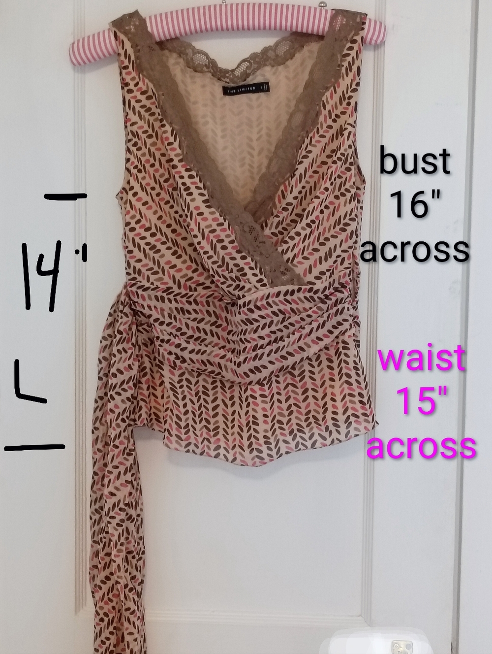 Silk Blouse Lace Trim. Pink, Tan & Brown with Sash Bow - Picture 5 of 13